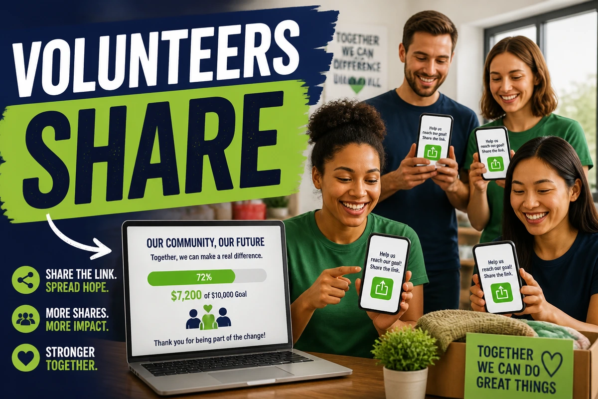 Charity volunteer sharing team promoting a fundraiser online