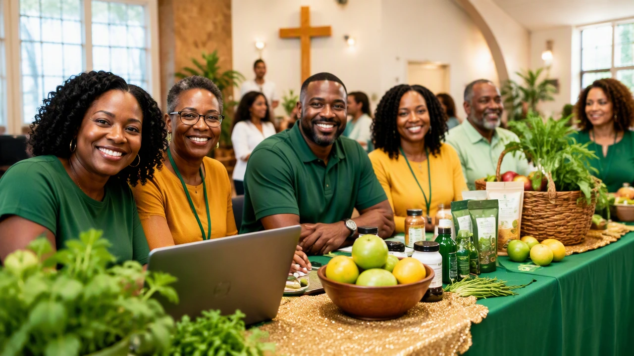Church volunteers hosting a healthy online fundraiser table with laptop and QR code sign