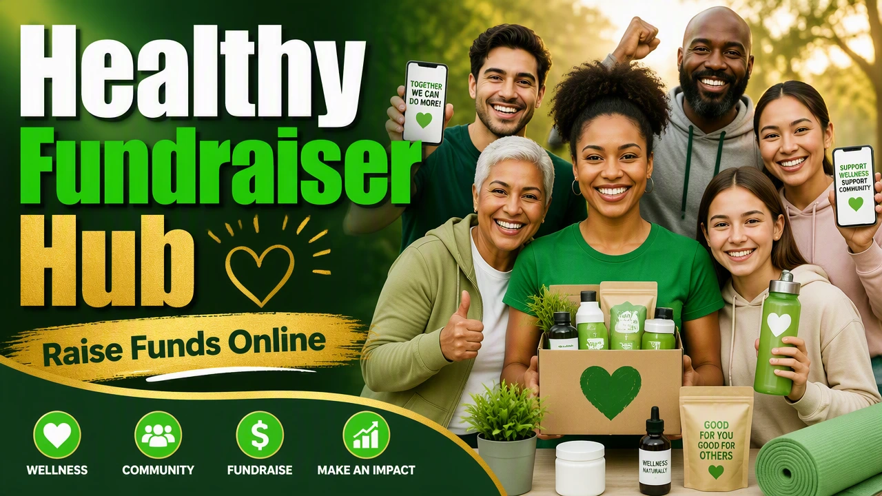 Healthy Fundraiser Hub social image showing a community group promoting online wellness fundraising