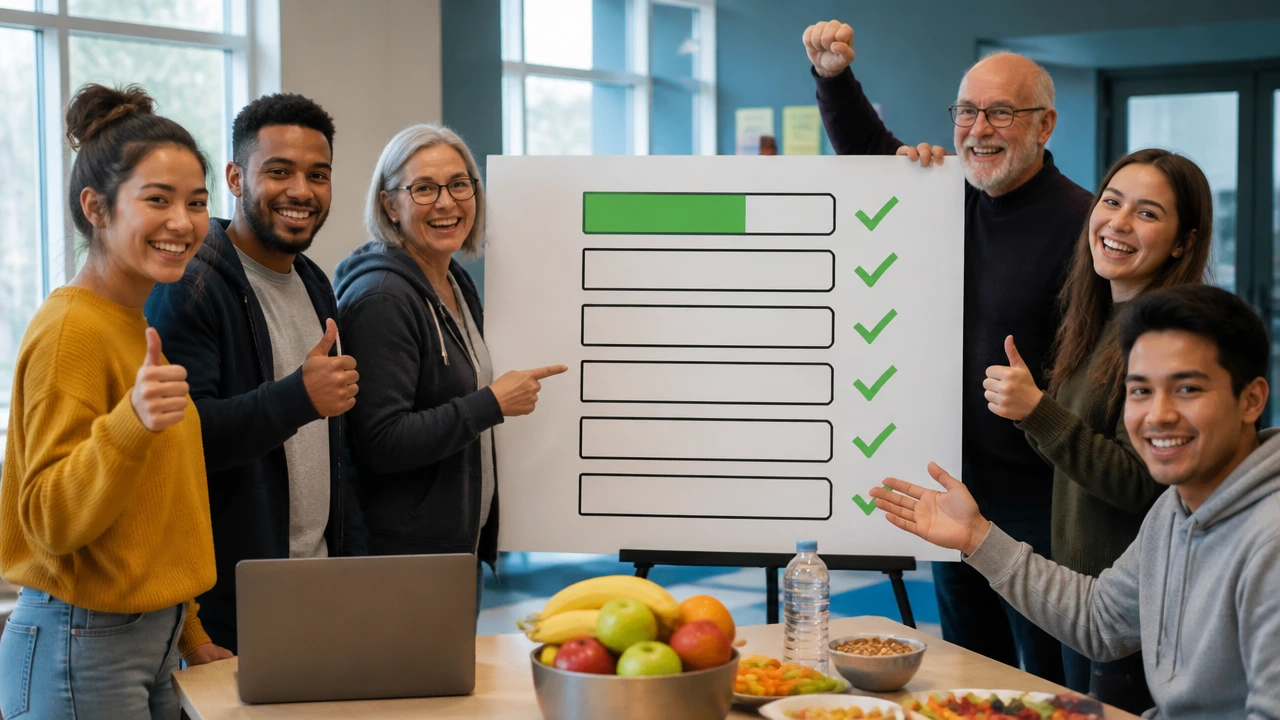Community group standing near a fundraiser progress board with healthy snacks and laptop