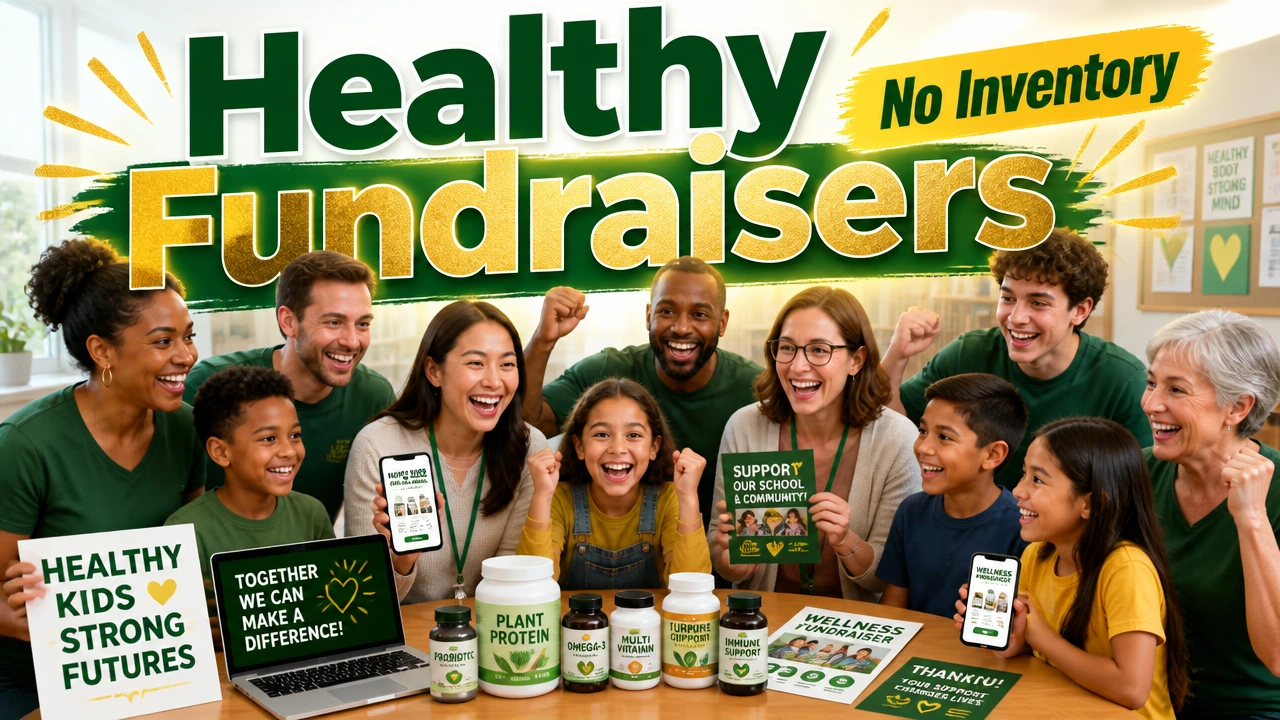 Smiling parents, teachers, students, and volunteers celebrating a healthy online fundraiser around a table