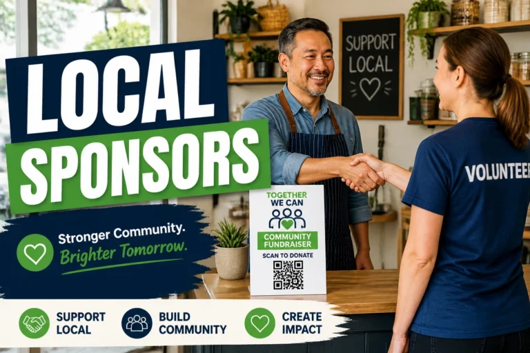 Local business charity sponsorship with shop owner and nonprofit volunteer