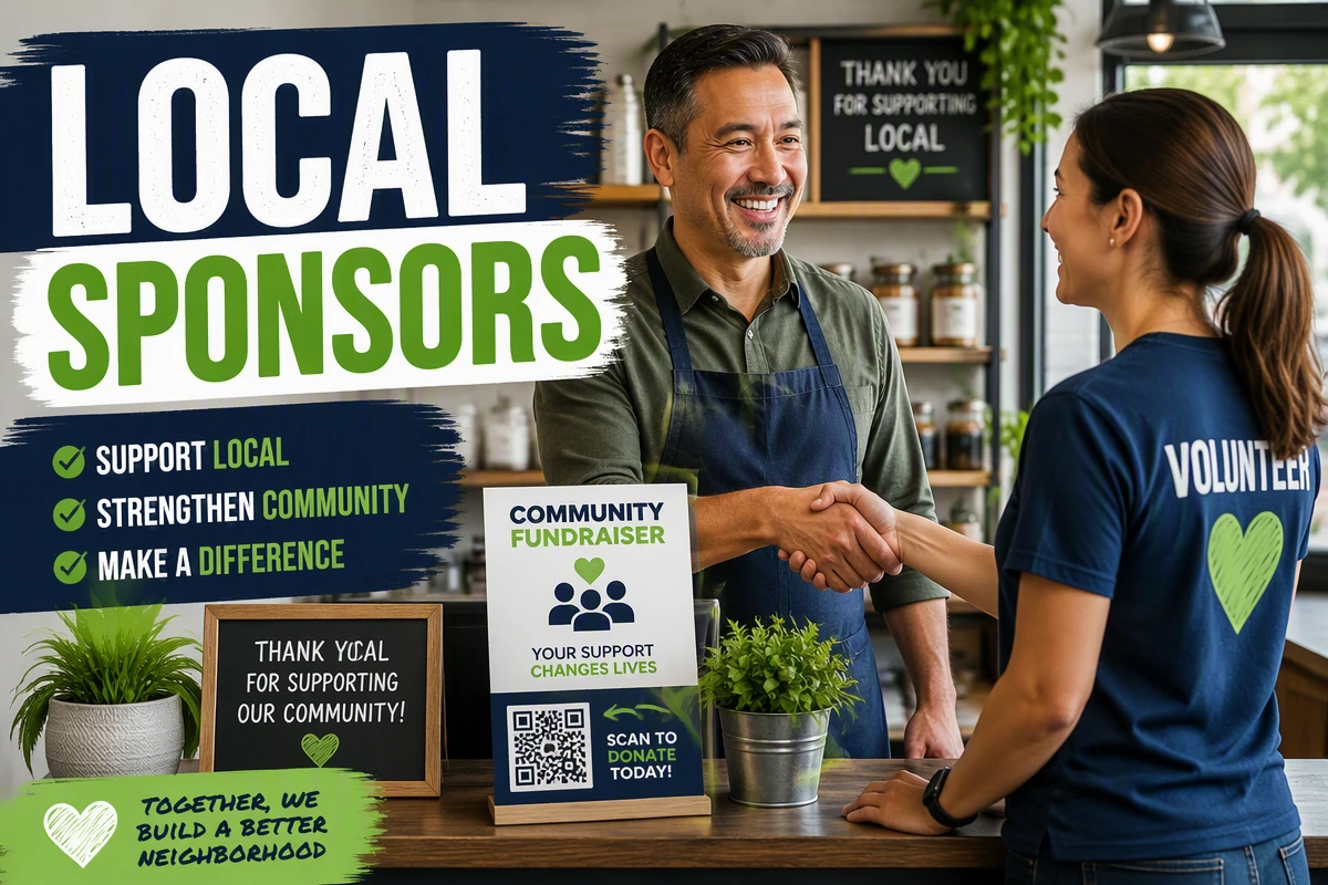Local business charity sponsorship with shop owner and nonprofit volunteer