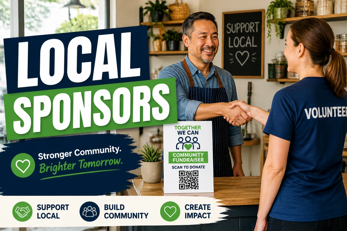 Local business charity sponsorship with shop owner and nonprofit volunteer