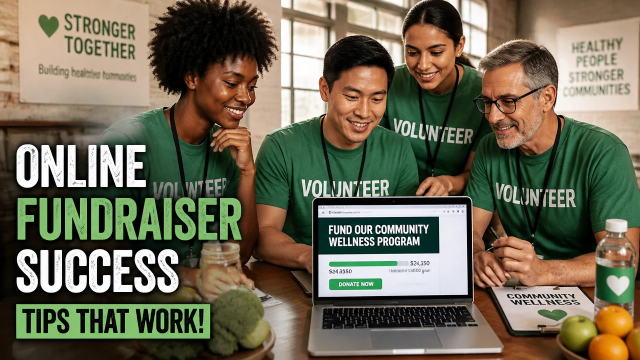 Nonprofit volunteers reviewing a healthy online fundraiser campaign on a laptop