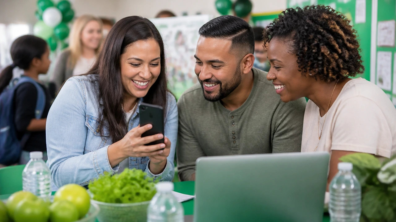 Parents sharing a healthy fundraiser link from a smartphone at a school event