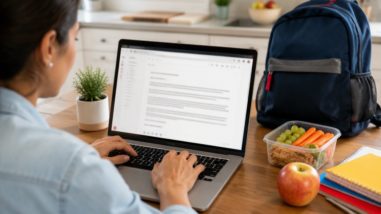 Parent preparing a school fundraiser email announcement on a laptop