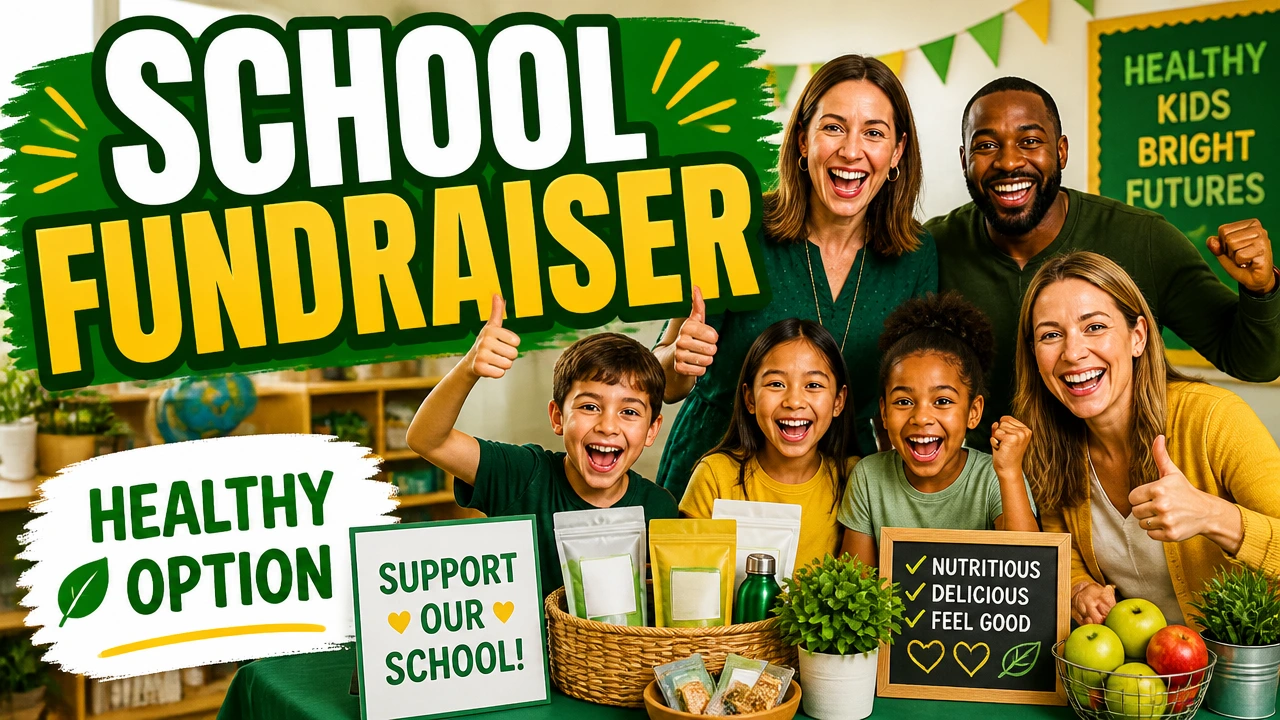 Parents, teacher, and students organizing a healthy school fundraiser in a bright classroom