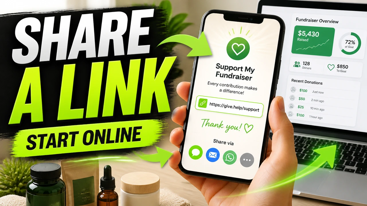 Smartphone and laptop showing a simple online fundraiser link sharing concept