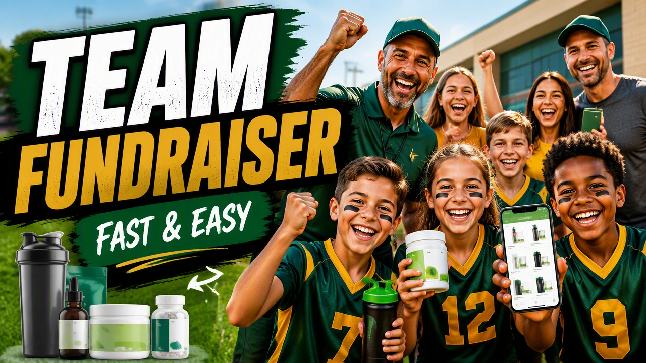 Youth sports team, coach, and parents celebrating an easy healthy team fundraiser